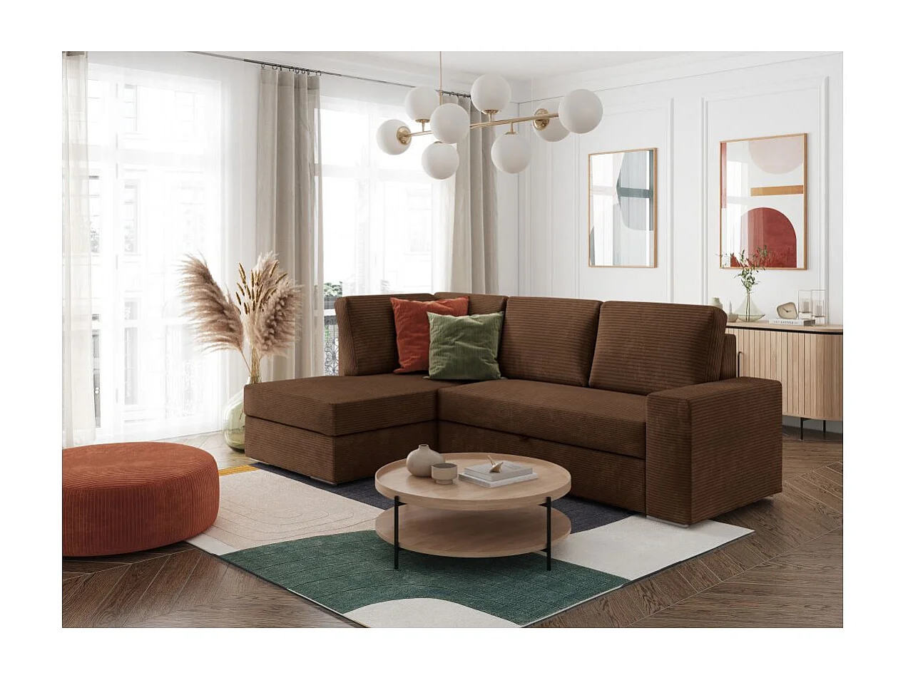 Canapé d'angle gauche 3 places convertible Aden avec coffre en velours côtelé - Marron - L246 x P174 x H96cm - Loungitude