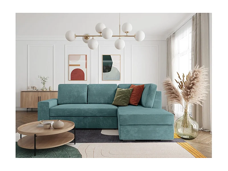 Canapé d'angle droit 3 places convertible Aden avec coffre en velours côtelé - Bleu clair - L246 x P174 x H96cm - Loungitude