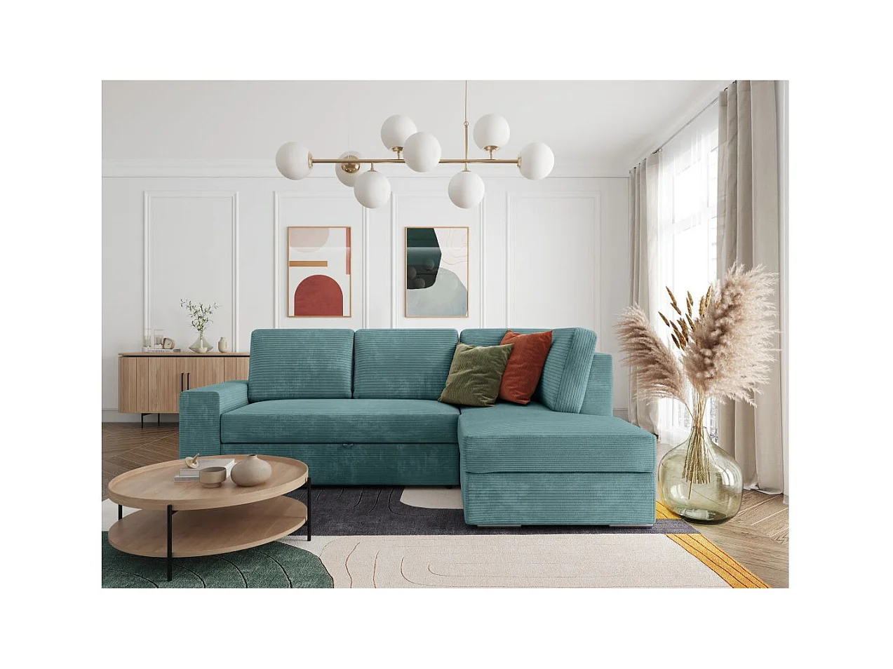 Canapé d'angle droit 3 places convertible Aden avec coffre en velours côtelé - Bleu clair - L246 x P174 x H96cm - Loungitude