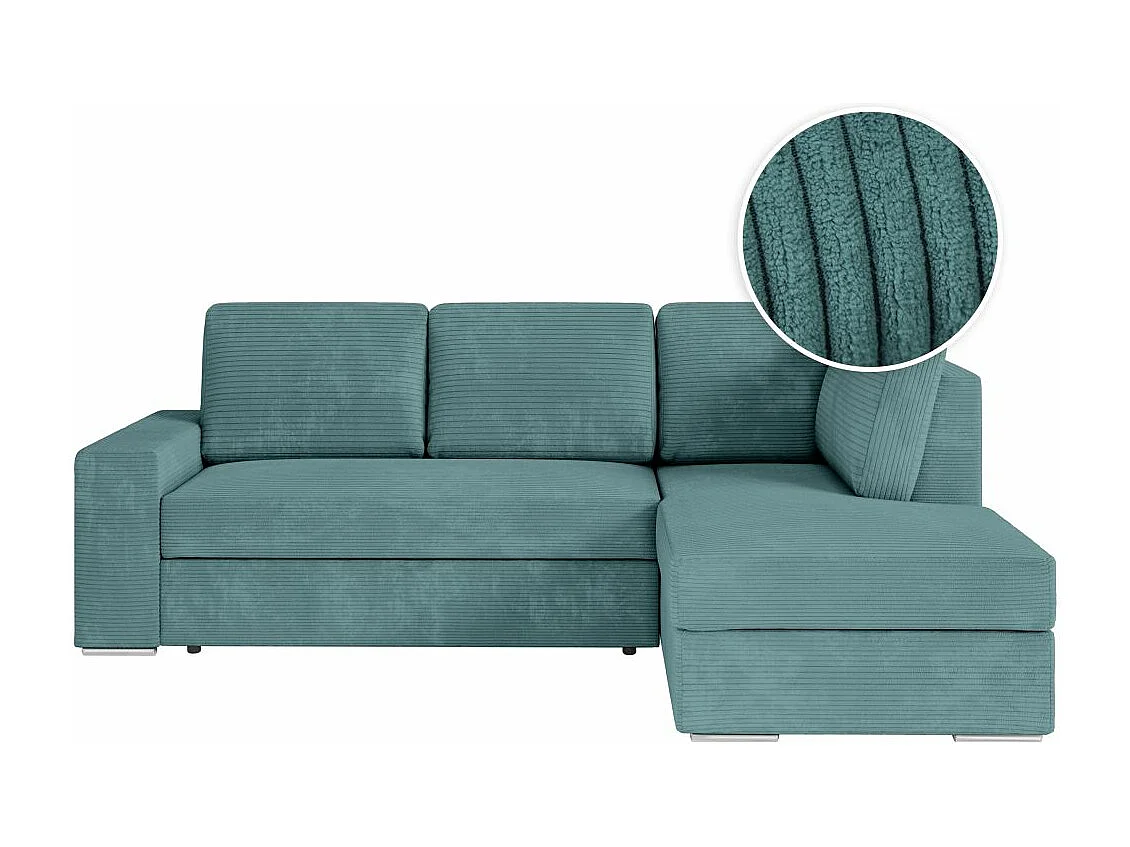 Canapé d'angle droit 3 places convertible Aden avec coffre en velours côtelé - Bleu clair - L246 x P174 x H96cm - Loungitude