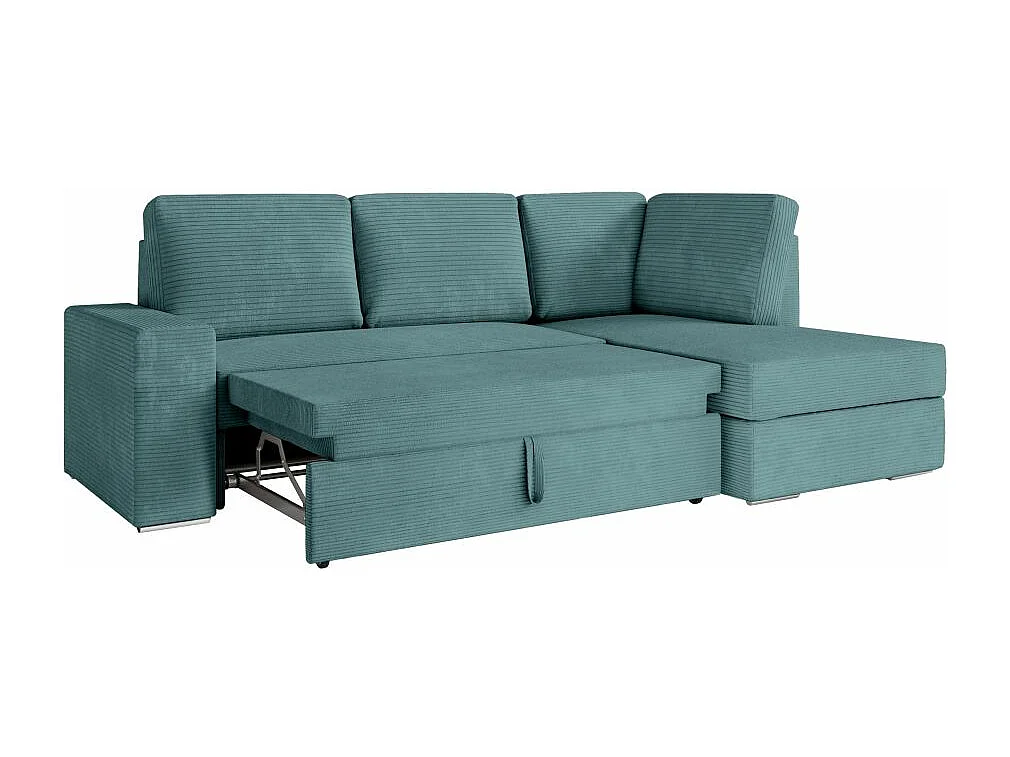 Canapé d'angle droit 3 places convertible Aden avec coffre en velours côtelé - Bleu clair - L246 x P174 x H96cm - Loungitude