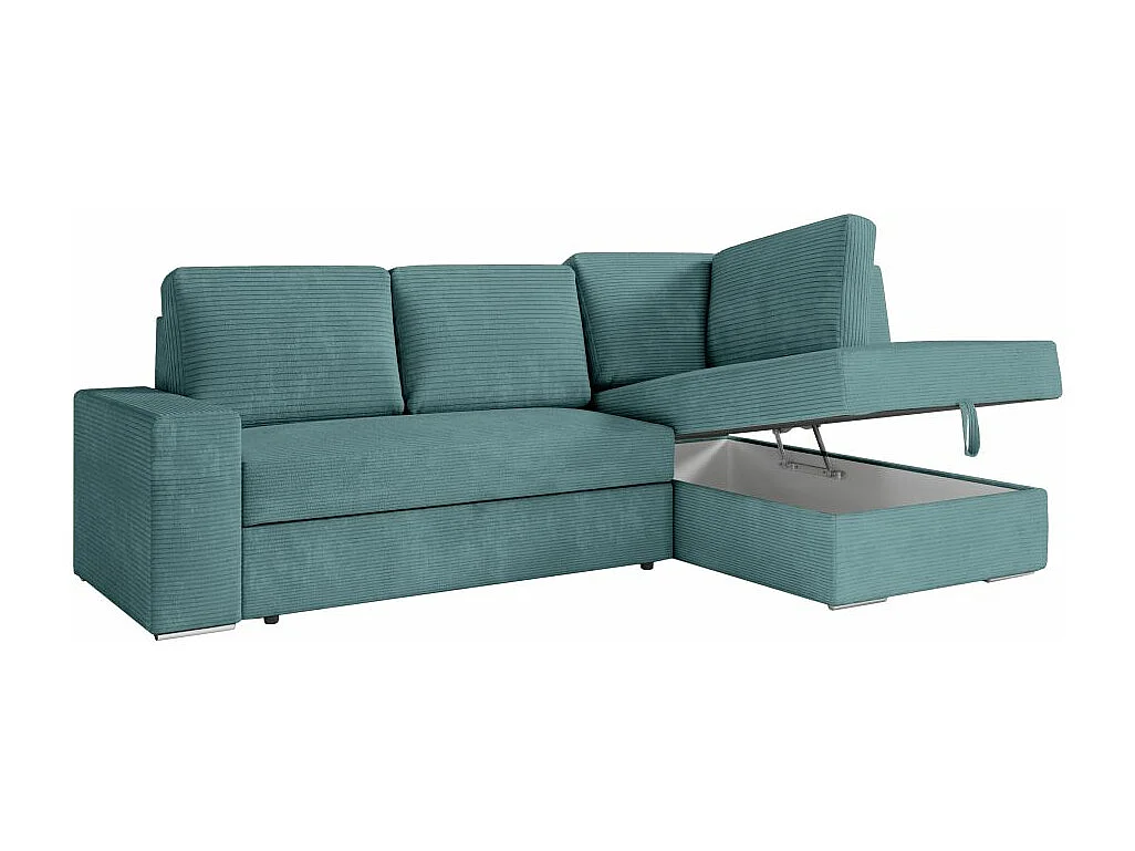 Canapé d'angle droit 3 places convertible Aden avec coffre en velours côtelé - Bleu clair - L246 x P174 x H96cm - Loungitude