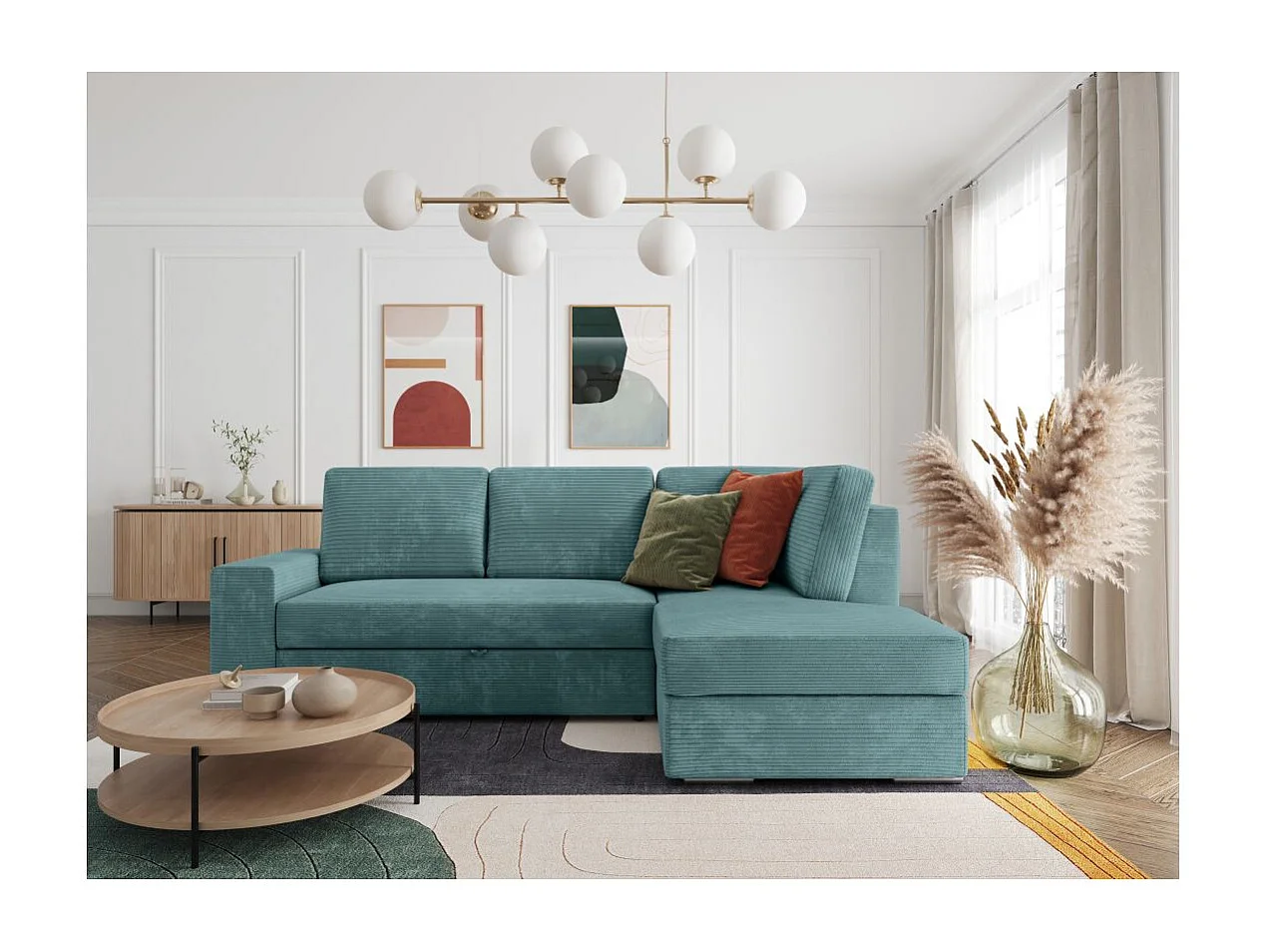 Canapé d'angle droit 3 places convertible Aden avec coffre en velours côtelé - Bleu clair - L246 x P174 x H96cm - Loungitude