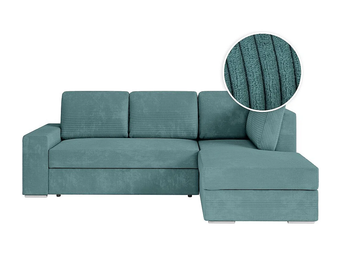 Canapé d'angle droit 3 places convertible Aden avec coffre en velours côtelé - Bleu clair - L246 x P174 x H96cm - Loungitude