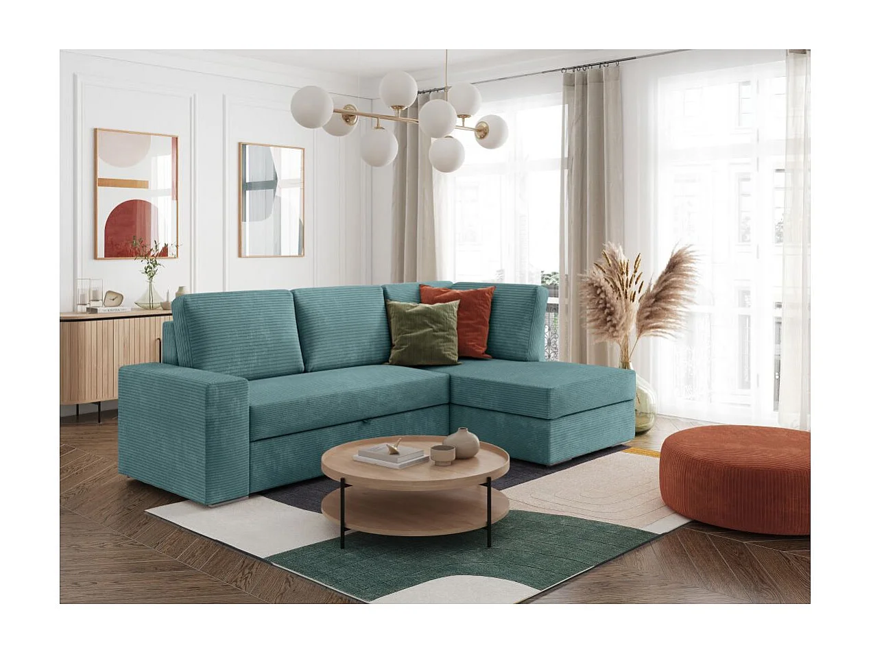 Canapé d'angle droit 3 places convertible Aden avec coffre en velours côtelé - Bleu clair - L246 x P174 x H96cm - Loungitude