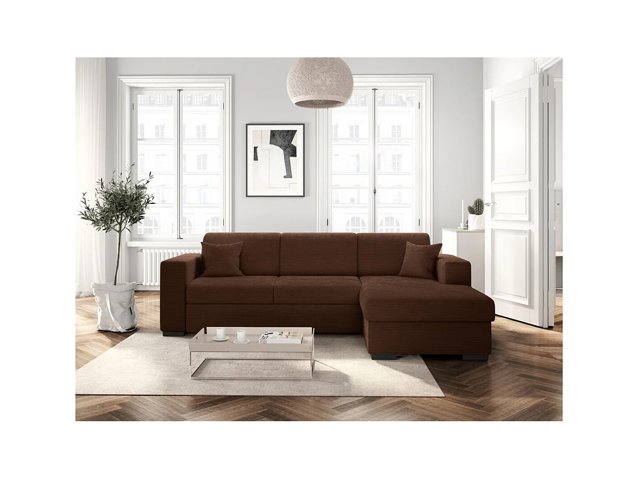 Canapé d'angle droit 4 places Fuji XL convertible avec coffre en velours côtelé - Marron - L262 x P157 x H83cm - Loungitude