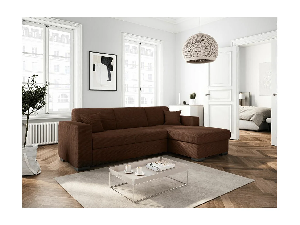 Canapé d'angle droit 4 places Fuji XL convertible avec coffre en velours côtelé - Marron - L262 x P157 x H83cm - Loungitude