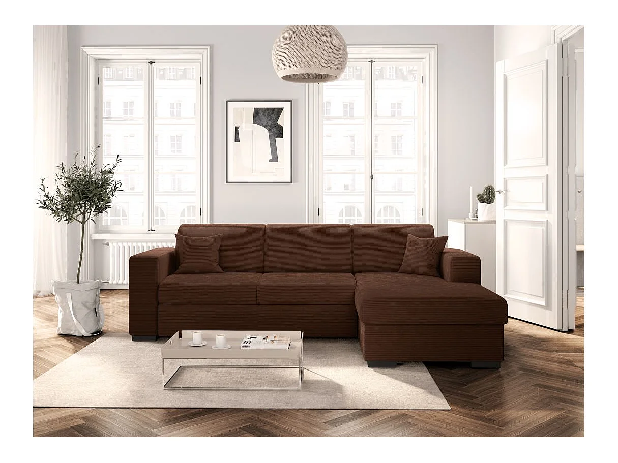 Canapé d'angle convertible 4 places avec coffre en velours marron