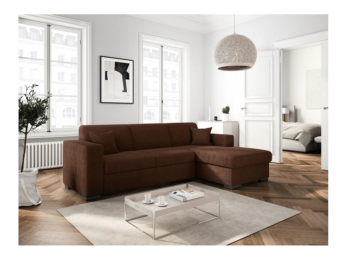 Canapé d'angle convertible 4 places avec coffre en velours marron