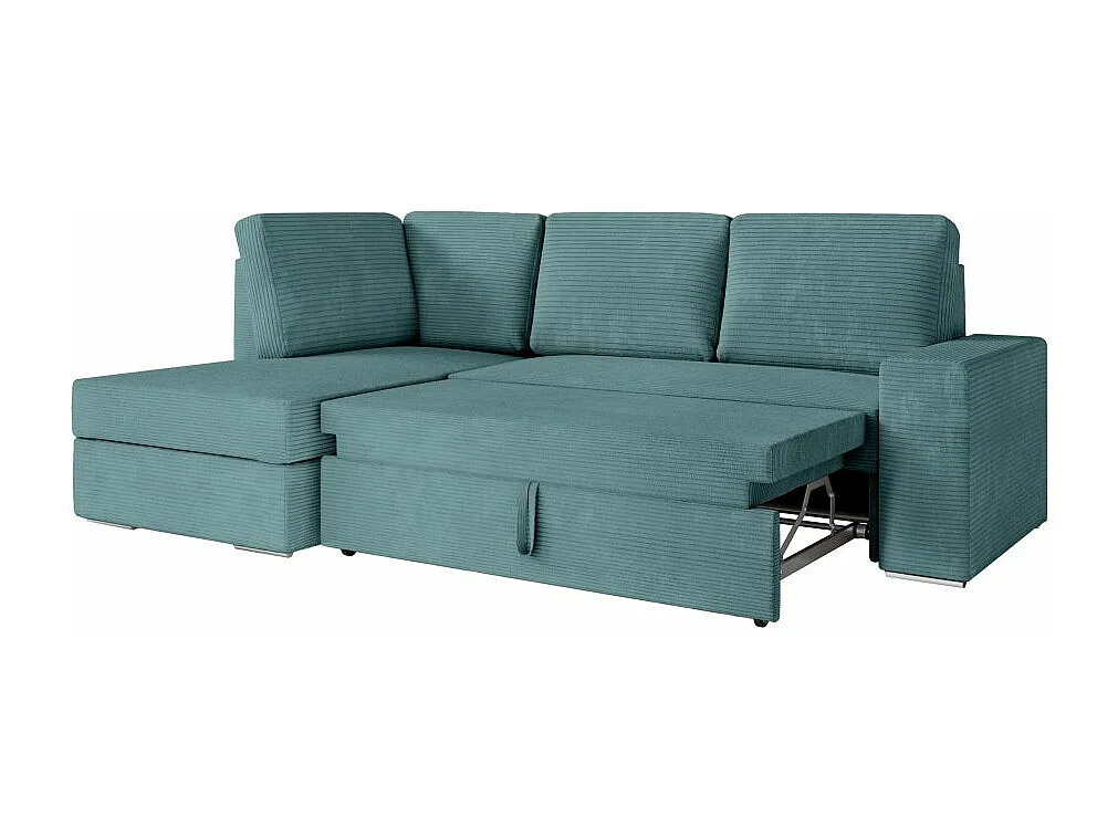 Canapé d'angle gauche 3 places convertible Aden avec coffre en velours côtelé - Bleu clair - L246 x P174 x H96cm - Loungitude