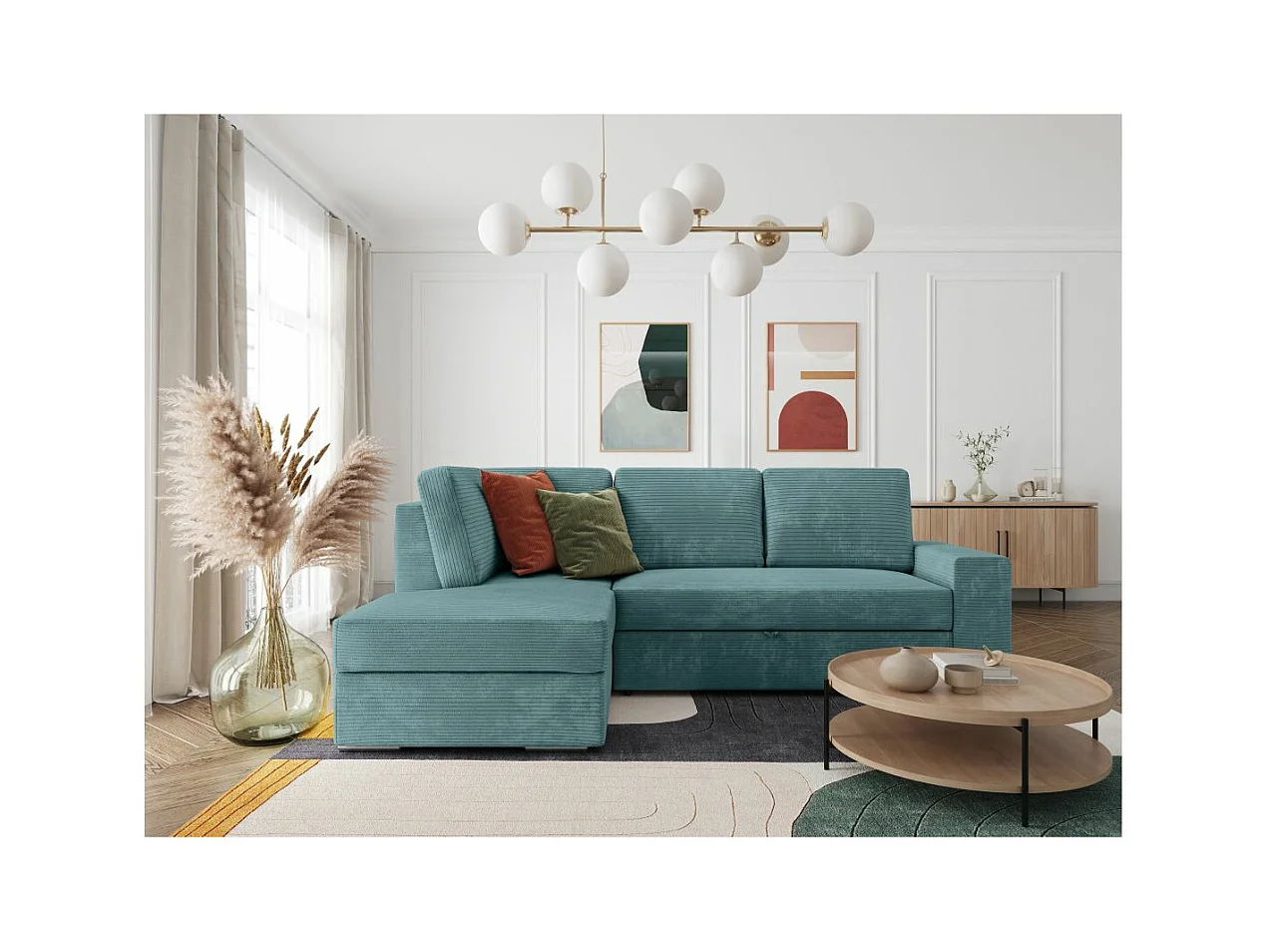 Canapé d'angle gauche 3 places convertible Aden avec coffre en velours côtelé - Bleu clair - L246 x P174 x H96cm - Loungitude
