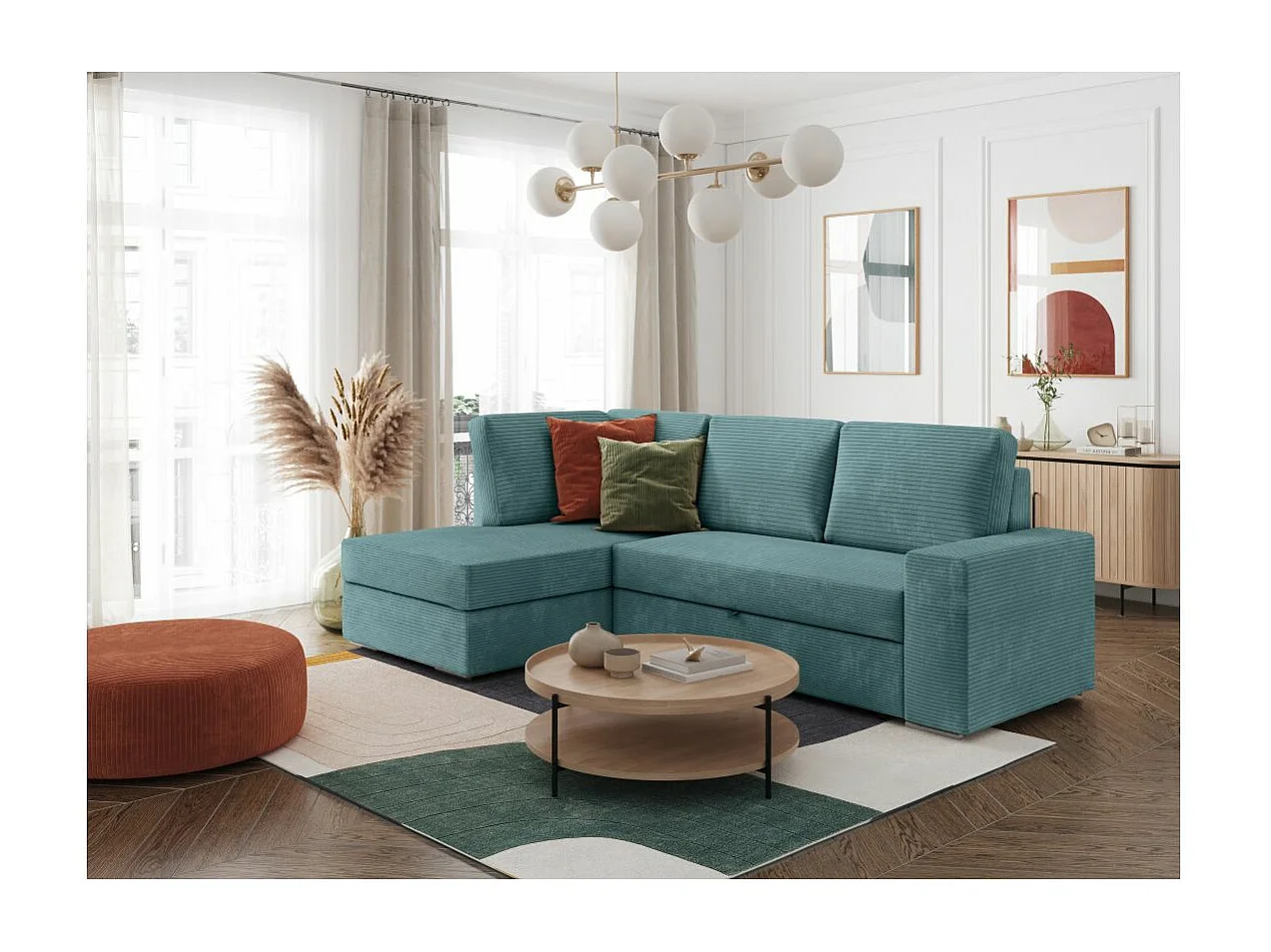 Canapé d'angle gauche 3 places convertible Aden avec coffre en velours côtelé - Bleu clair - L246 x P174 x H96cm - Loungitude