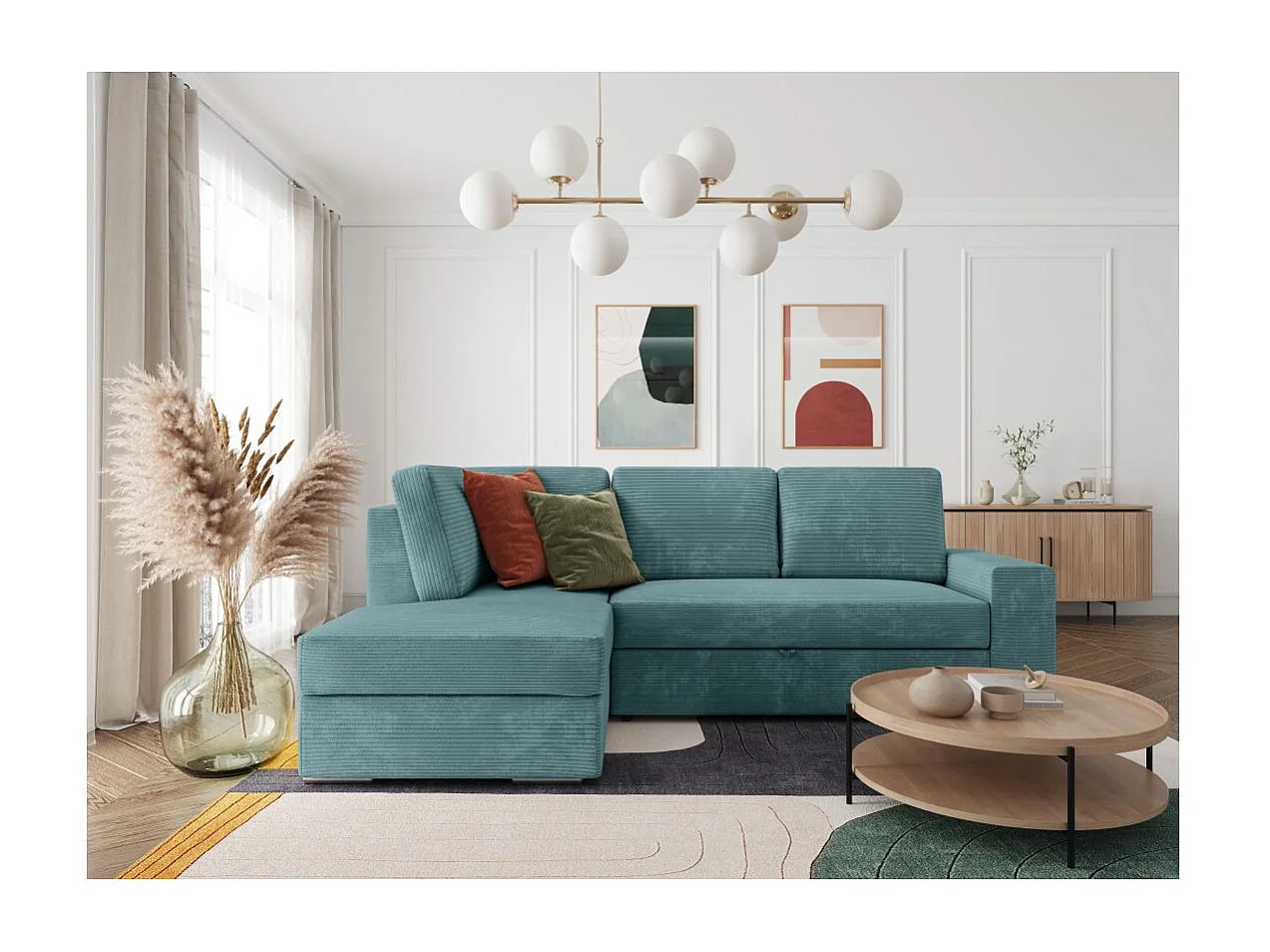 Canapé d'angle gauche 3 places convertible Aden avec coffre en velours côtelé - Bleu clair - L246 x P174 x H96cm - Loungitude