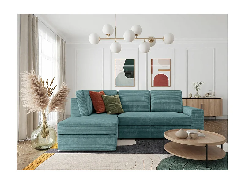 Canapé d'angle gauche 3 places convertible Aden avec coffre en velours côtelé - Bleu clair - L246 x P174 x H96cm - Loungitude