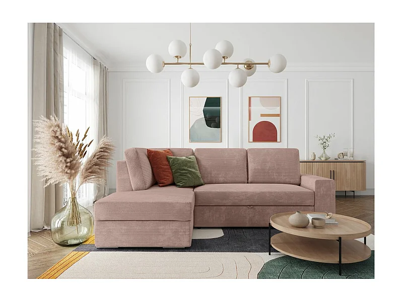 Canapé d'angle gauche 3 places convertible Aden avec coffre en velours côtelé - Vieux rose - L246 x P174 x H96cm - Loungitude