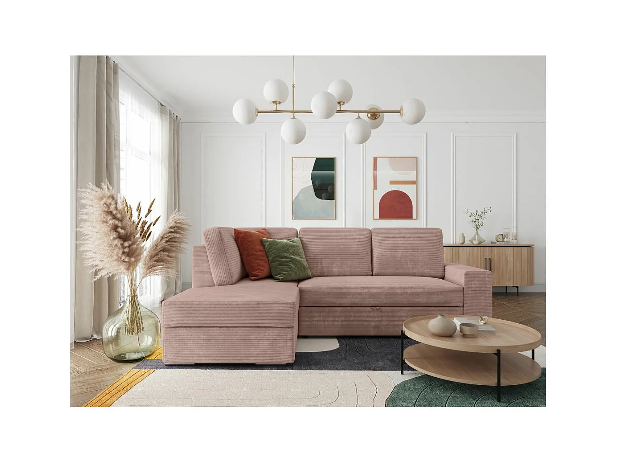 Canapé d'angle gauche 3 places convertible Aden avec coffre en velours côtelé - Vieux rose - L246 x P174 x H96cm - Loungitude