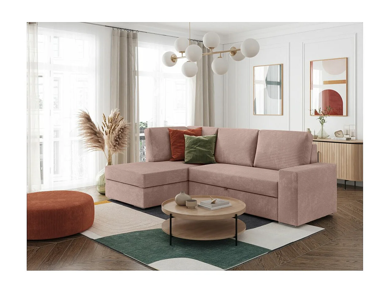 Canapé d'angle gauche 3 places convertible Aden avec coffre en velours côtelé - Vieux rose - L246 x P174 x H96cm - Loungitude