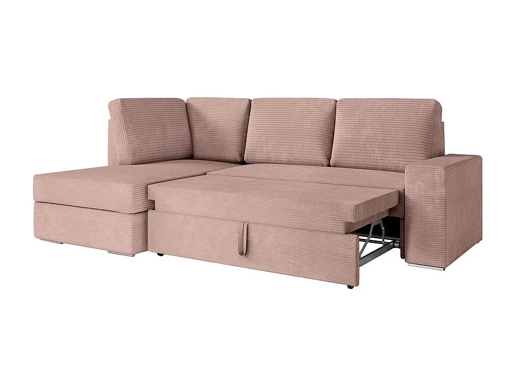 Canapé d'angle gauche 3 places convertible Aden avec coffre en velours côtelé - Vieux rose - L246 x P174 x H96cm - Loungitude
