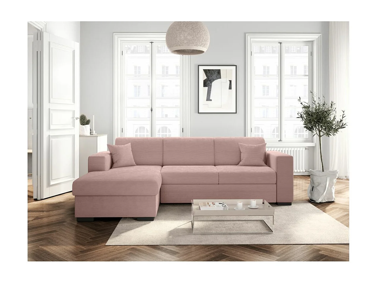 Canapé d'angle gauche 4 places Fuji XL convertible avec coffre en velours côtelé - Vieux rose - L262 x P157 x H83cm - Loungitude