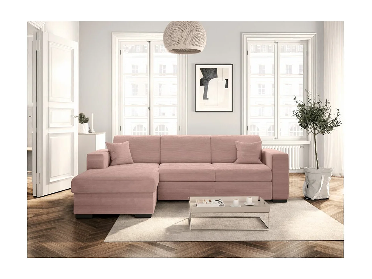 Canapé d'angle gauche 4 places Fuji XL convertible avec coffre en velours côtelé - Vieux rose - L262 x P157 x H83cm - Loungitude