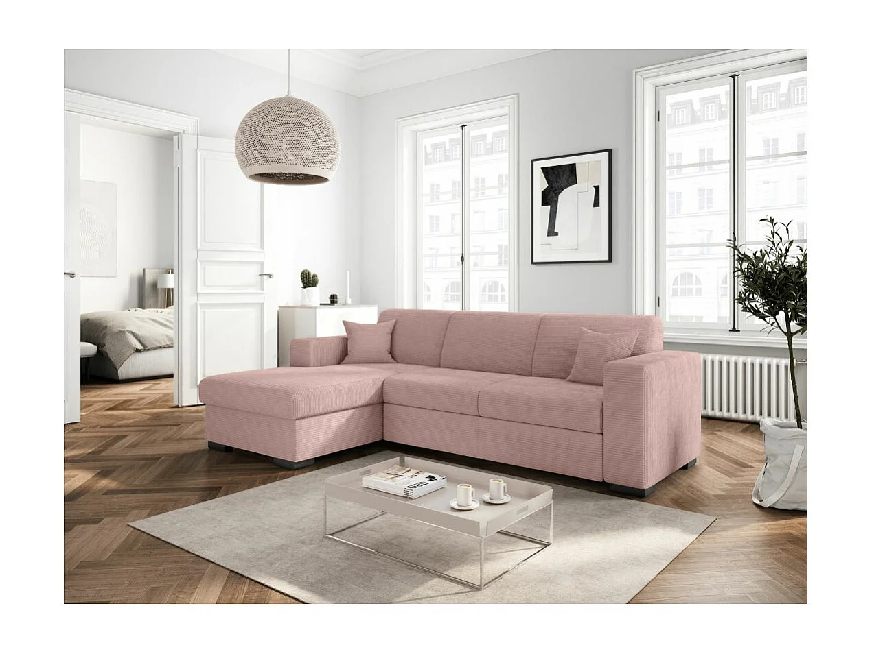 Canapé d'angle gauche 4 places Fuji XL convertible avec coffre en velours côtelé - Vieux rose - L262 x P157 x H83cm - Loungitude