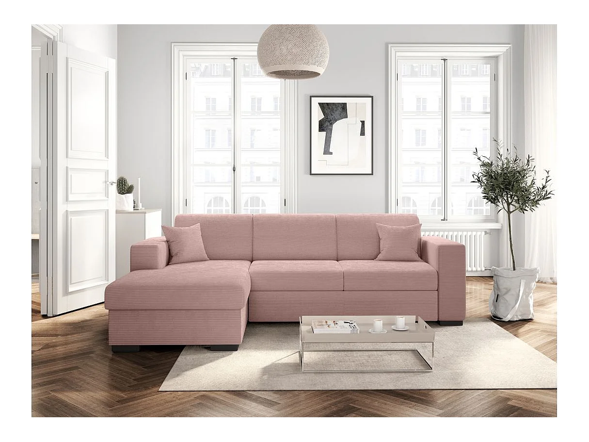Canapé d'angle gauche 4 places Fuji XL convertible avec coffre en velours côtelé - Vieux rose - L262 x P157 x H83cm - Loungitude