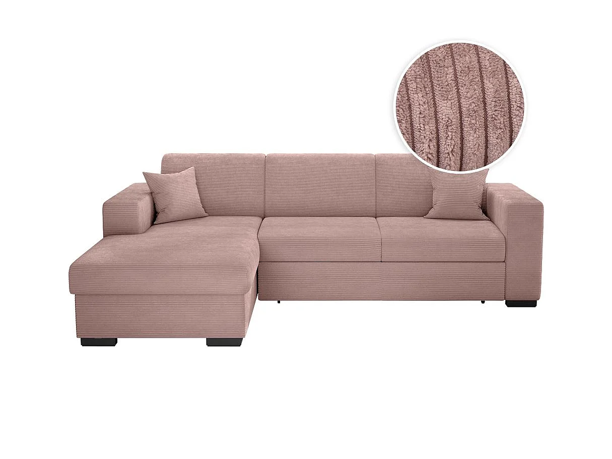 Canapé d'angle gauche 4 places Fuji XL convertible avec coffre en velours côtelé - Vieux rose - L262 x P157 x H83cm - Loungitude