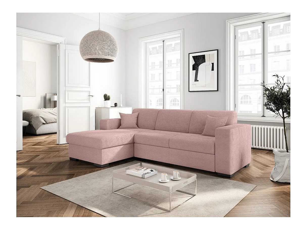 Canapé d'angle gauche 4 places Fuji XL convertible avec coffre en velours côtelé - Vieux rose - L262 x P157 x H83cm - Loungitude