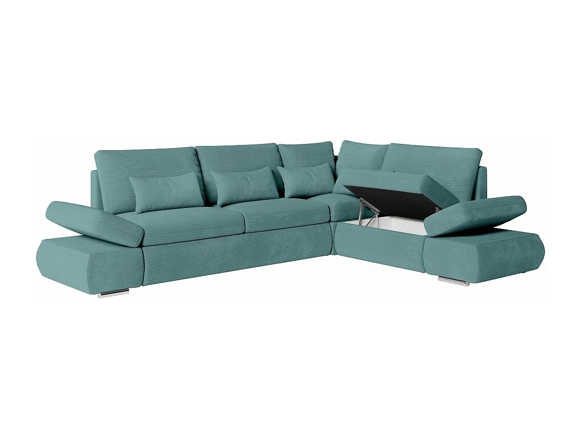Canapé d'angle 4 places réversible Sebastian convertible avec coffre en velours côtelé - Bleu clair - L267 x P200 x H90cm - Loungitude