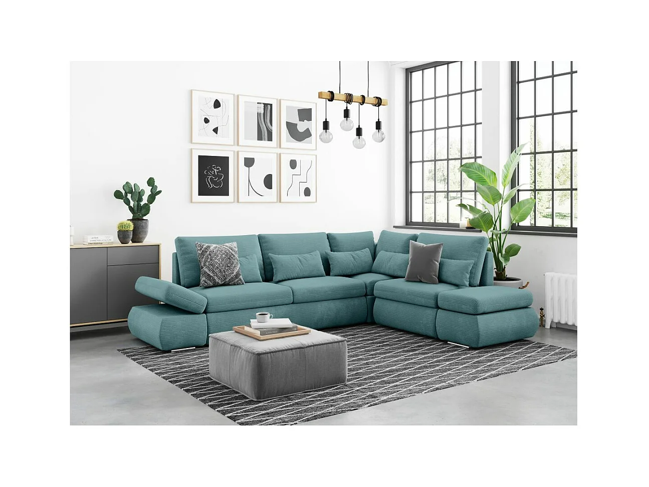 Canapé d'angle 4 places réversible Sebastian convertible avec coffre en velours côtelé - Bleu clair - L267 x P200 x H90cm - Loungitude
