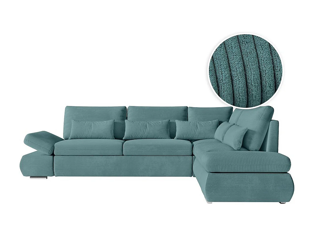 Canapé d'angle 4 places réversible Sebastian convertible avec coffre en velours côtelé - Bleu clair - L267 x P200 x H90cm - Loungitude