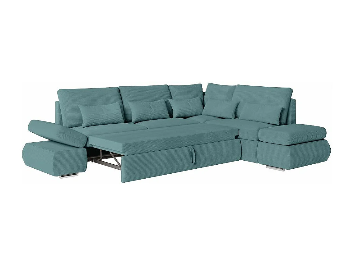 Canapé d'angle 4 places réversible Sebastian convertible avec coffre en velours côtelé - Bleu clair - L267 x P200 x H90cm - Loungitude