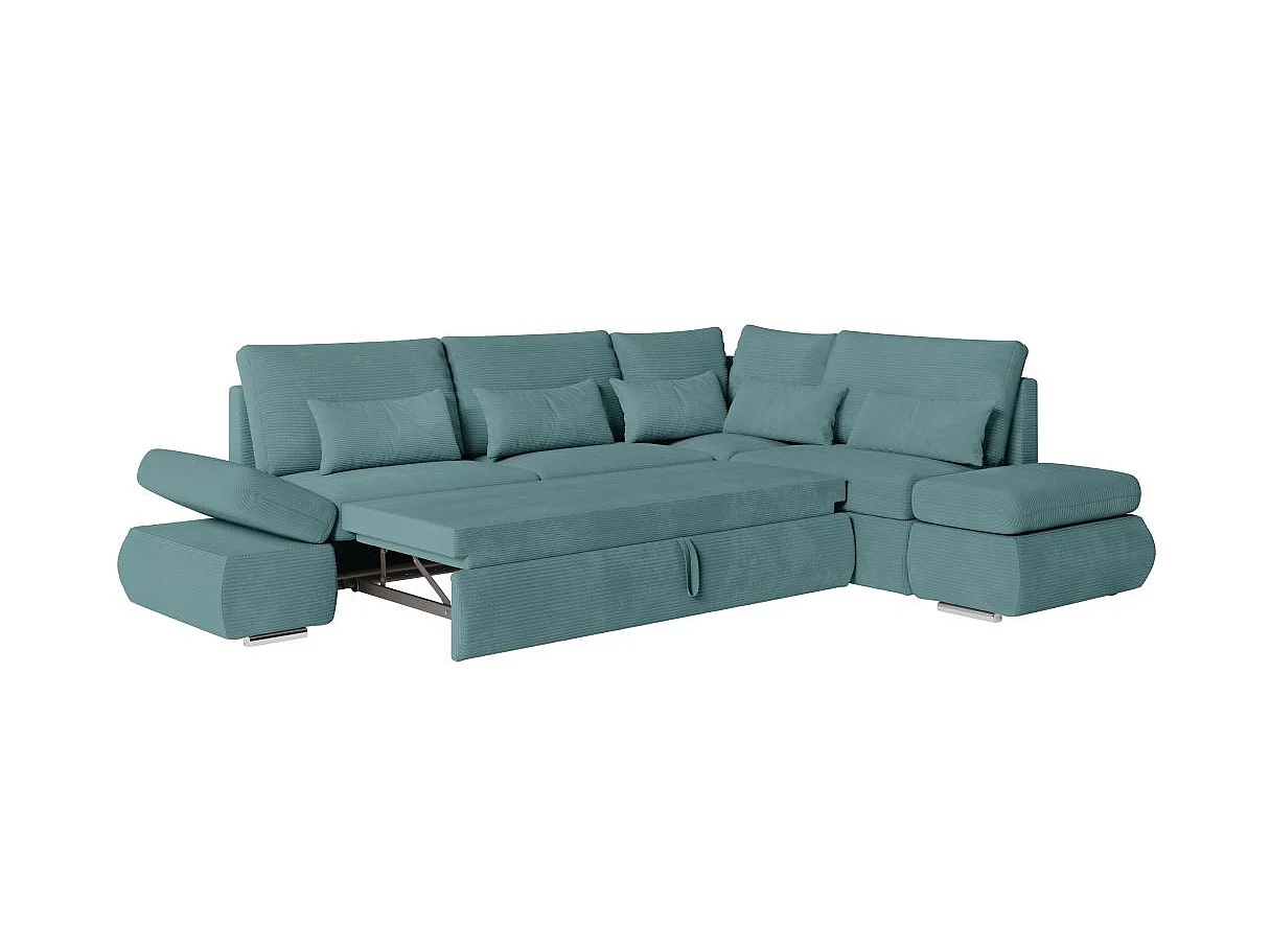 Canapé d'angle convertible 4 places avec coffre en velours bleu ciel