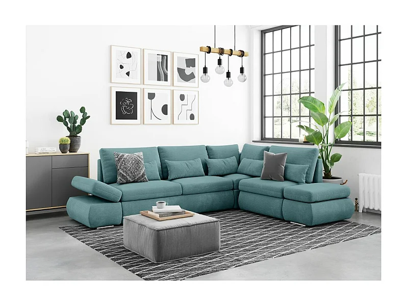 Canapé d'angle 4 places réversible Sebastian convertible avec coffre en velours côtelé - Bleu clair - L267 x P200 x H90cm - Loungitude