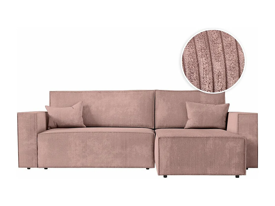 Canapé d'angle 3 places convertible réversible Clarisse avec coffre en velours côtelé- Vieux rose - L269 x P159 x H89cm - Loungitude