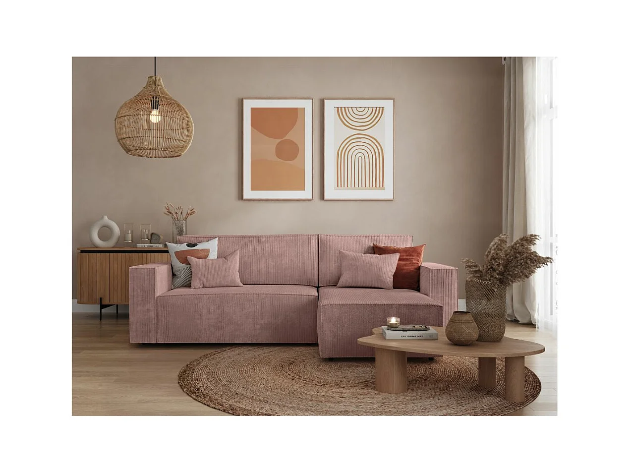 Canapé d'angle 3 places convertible réversible Clarisse avec coffre en velours côtelé- Vieux rose - L269 x P159 x H89cm - Loungitude