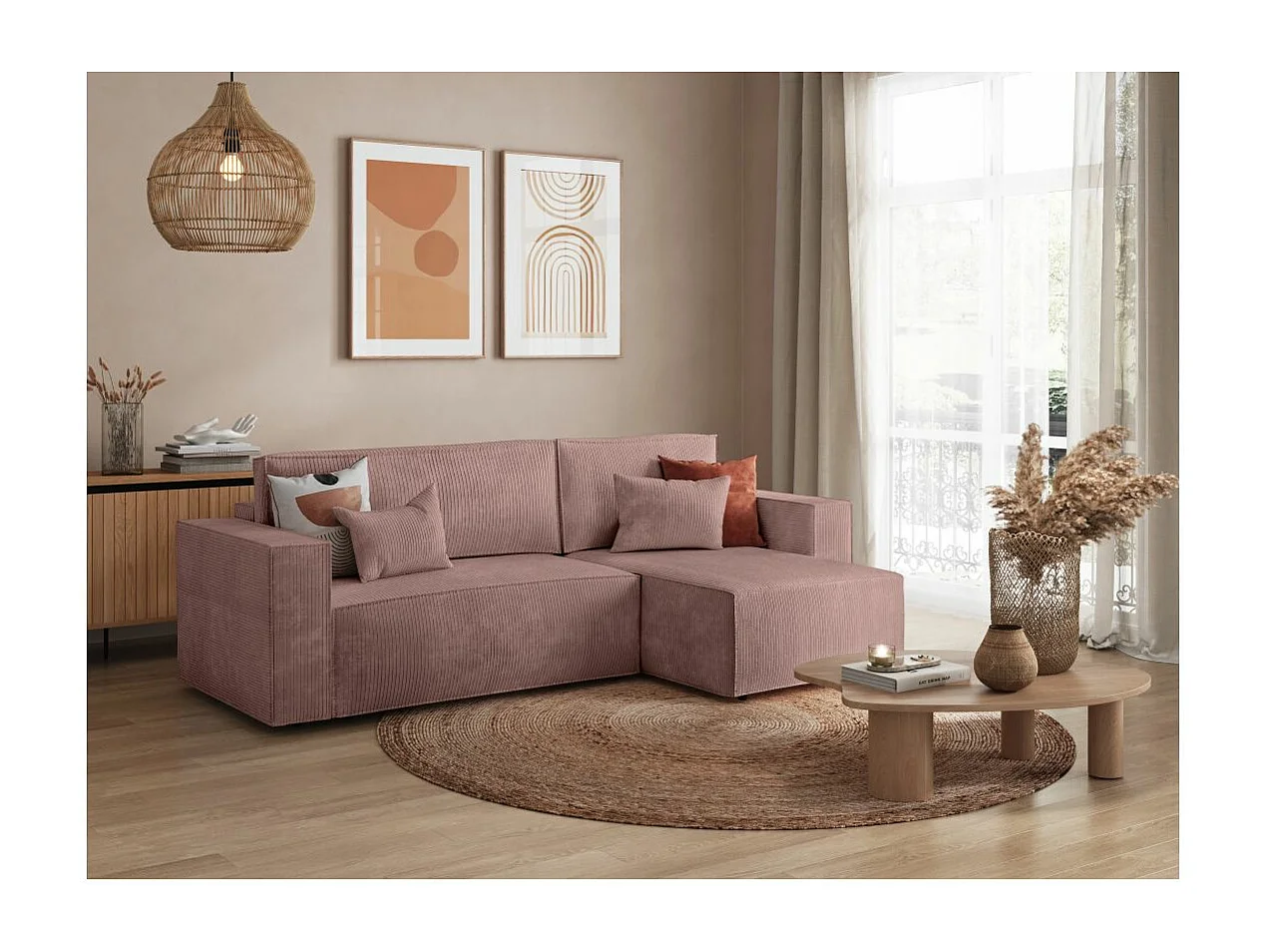 Canapé d'angle 3 places convertible réversible Clarisse avec coffre en velours côtelé- Vieux rose - L269 x P159 x H89cm - Loungitude