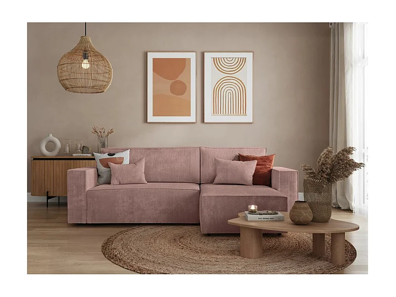 Canapé d'angle 3 places convertible réversible Clarisse avec coffre en velours côtelé- Vieux rose - L269 x P159 x H89cm - Loungitude