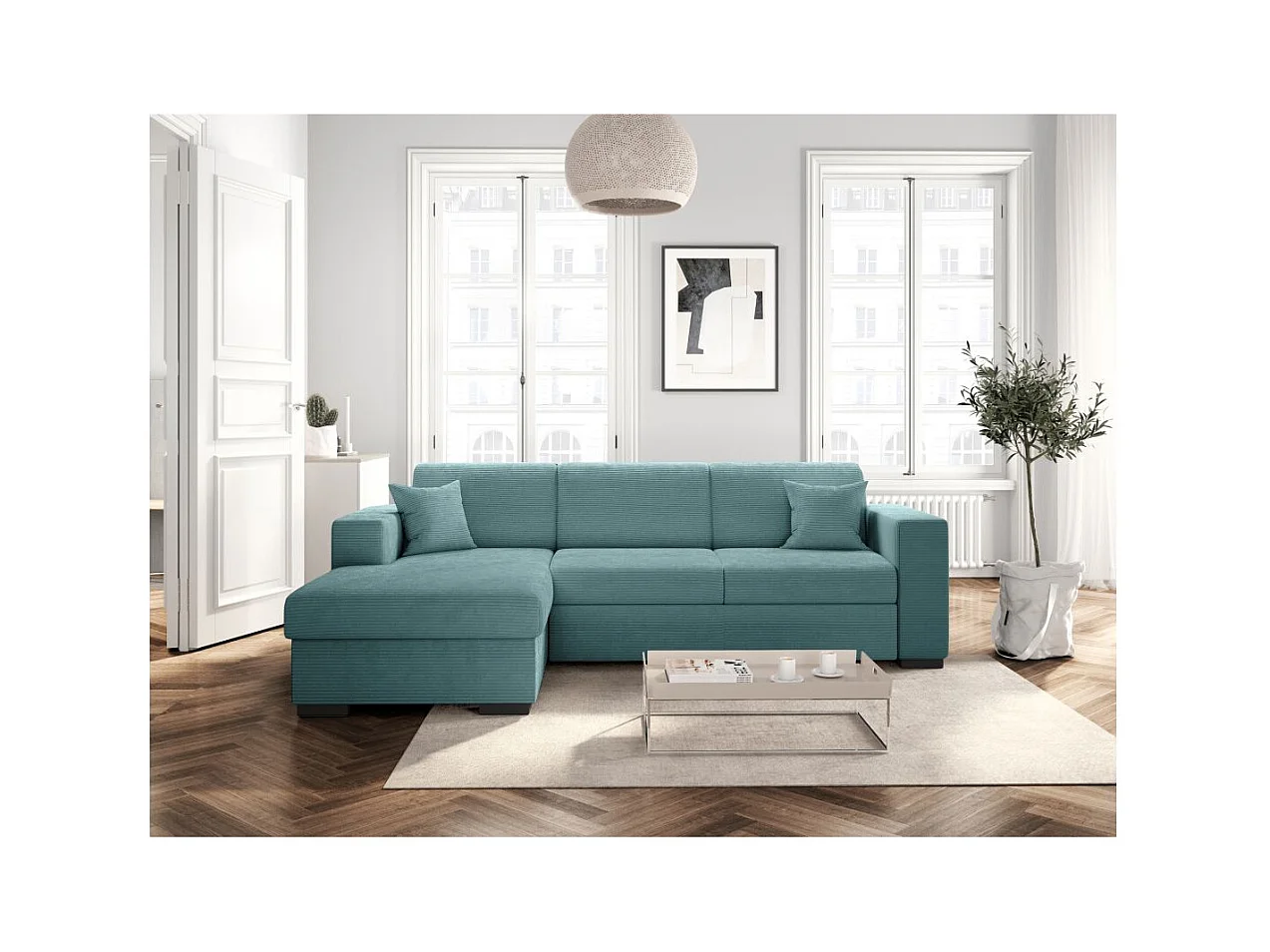 Canapé d'angle gauche 4 places Fuji XL convertible avec coffre en velours côtelé - Bleu clair - L262 x P157 x H83cm - Loungitude