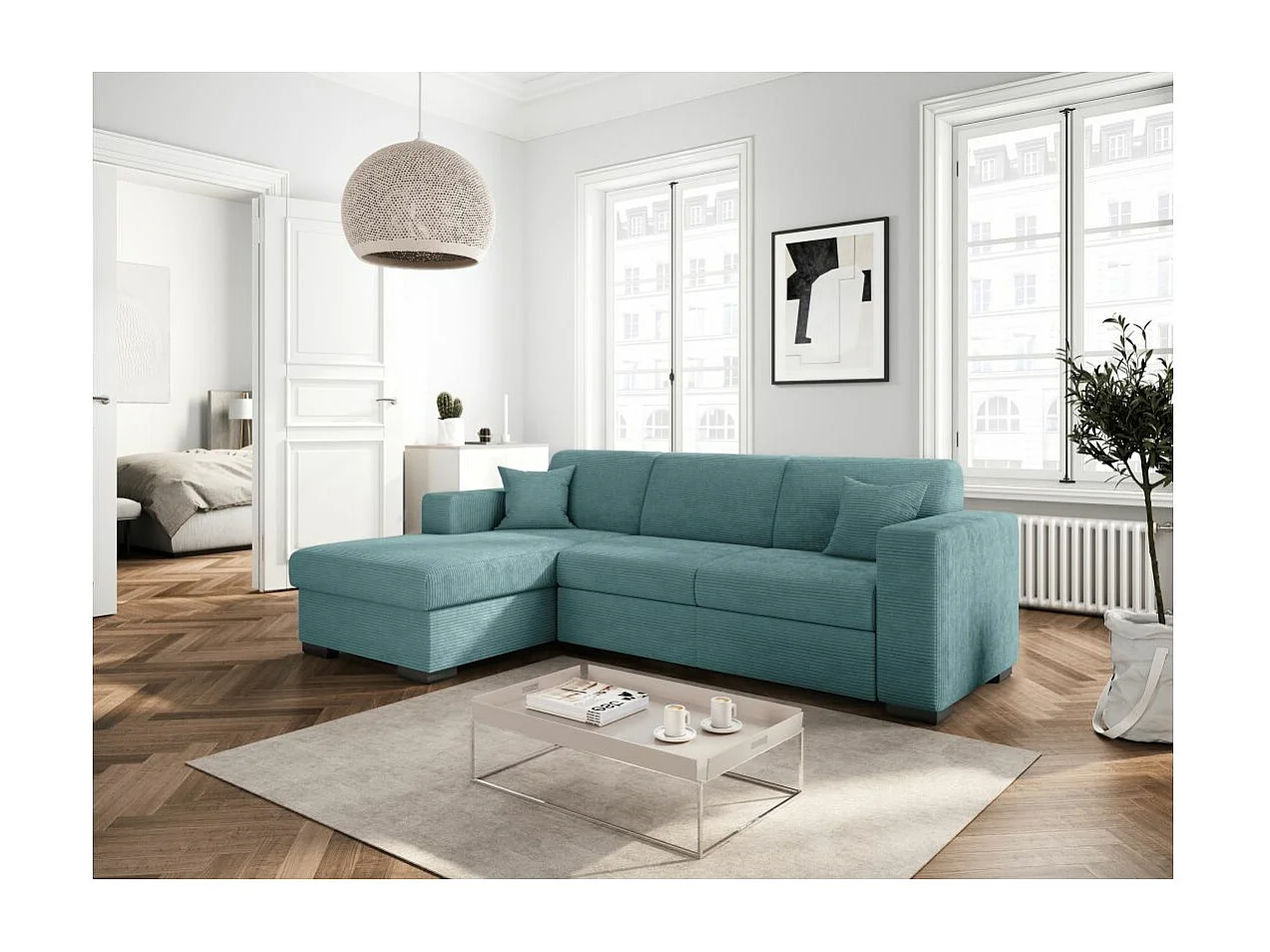 Canapé d'angle gauche 4 places Fuji XL convertible avec coffre en velours côtelé - Bleu clair - L262 x P157 x H83cm - Loungitude