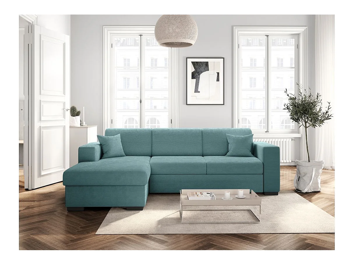 Canapé d'angle gauche 4 places Fuji XL convertible avec coffre en velours côtelé - Bleu clair - L262 x P157 x H83cm - Loungitude