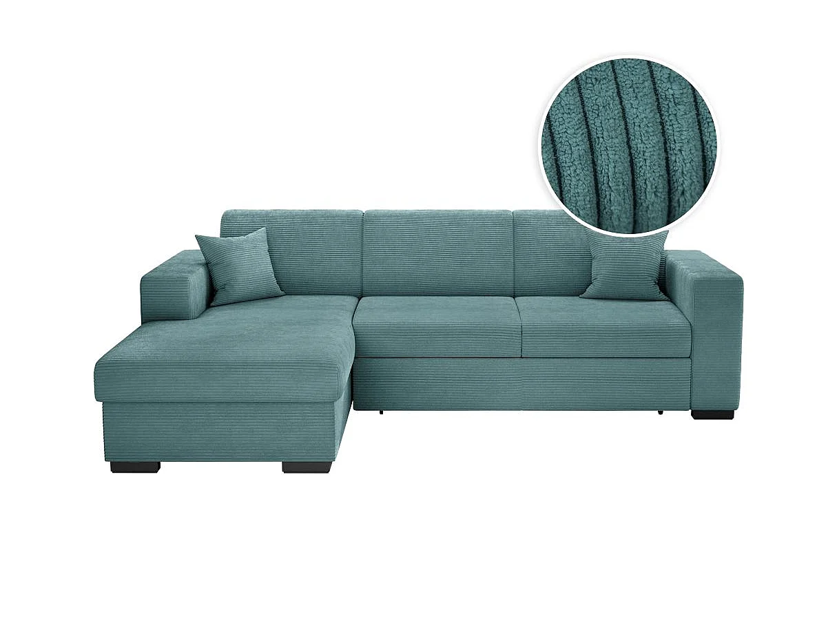 Canapé d'angle gauche 4 places Fuji XL convertible avec coffre en velours côtelé - Bleu clair - L262 x P157 x H83cm - Loungitude