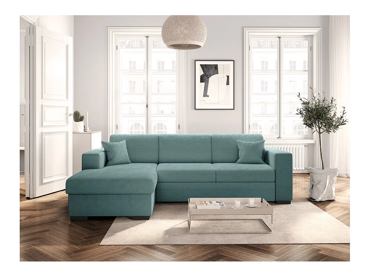 Canapé d'angle gauche 4 places Fuji XL convertible avec coffre en velours côtelé - Bleu clair - L262 x P157 x H83cm - Loungitude