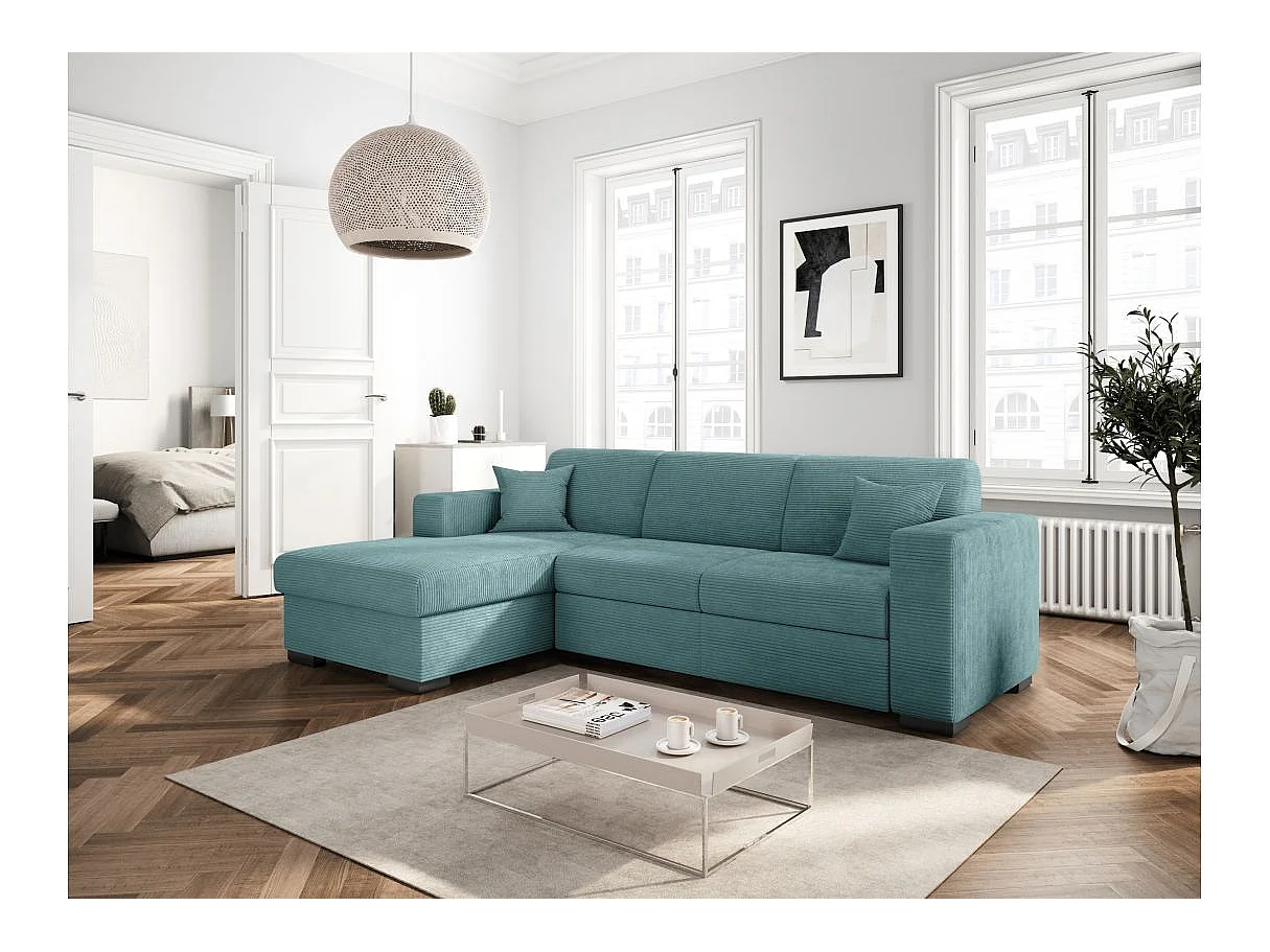Canapé d'angle gauche 4 places Fuji XL convertible avec coffre en velours côtelé - Bleu clair - L262 x P157 x H83cm - Loungitude