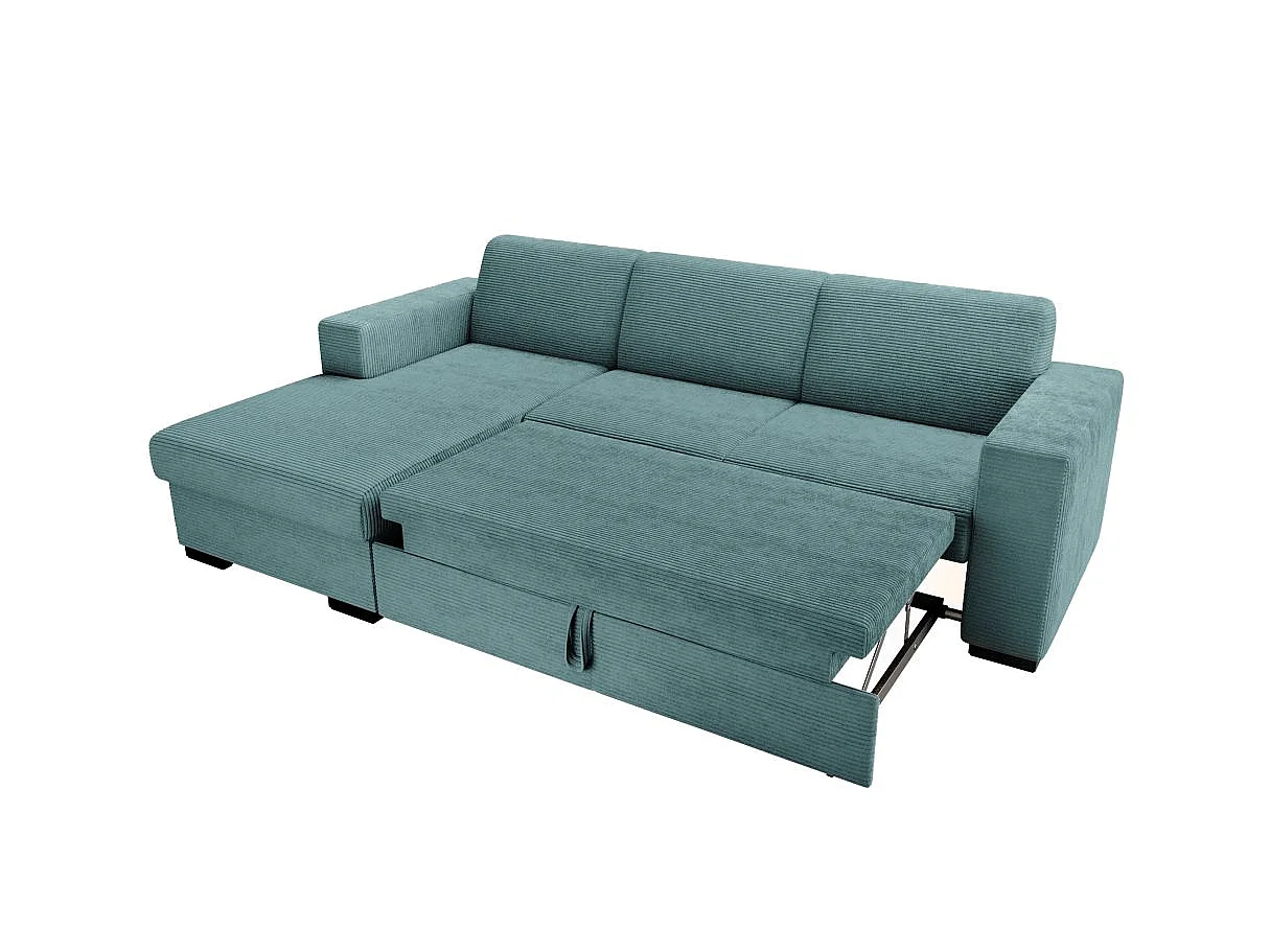 Canapé d'angle gauche 4 places Fuji XL convertible avec coffre en velours côtelé - Bleu clair - L262 x P157 x H83cm - Loungitude