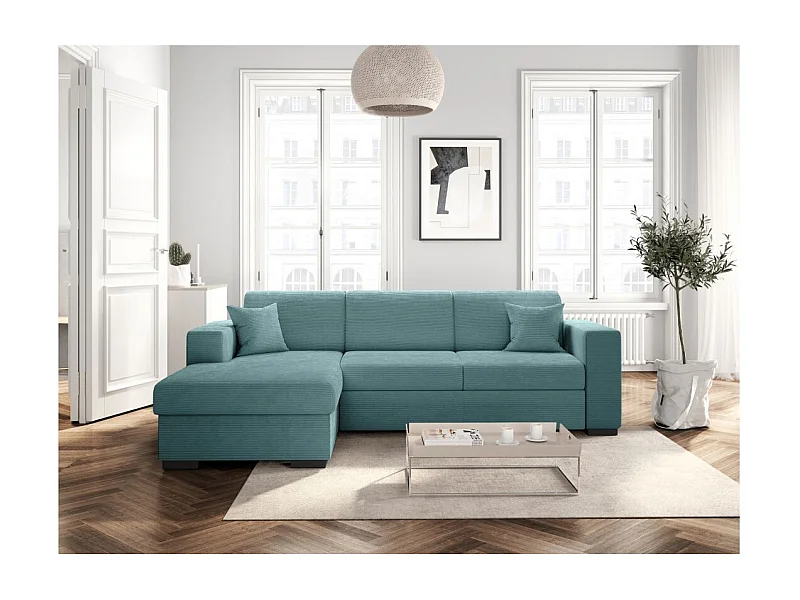 Canapé d'angle gauche 4 places Fuji XL convertible avec coffre en velours côtelé - Bleu clair - L262 x P157 x H83cm - Loungitude