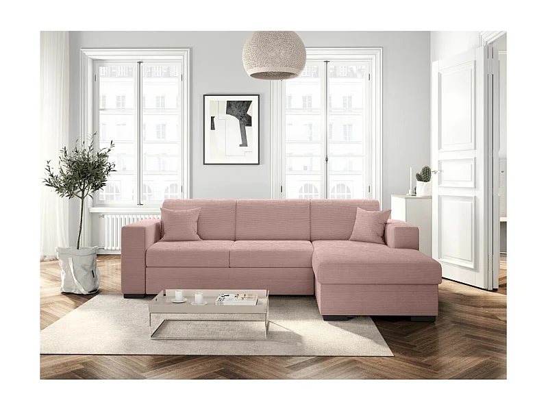 Canapé d'angle droit 4 places Fuji XL convertible avec coffre en velours côtelé - Vieux rose - L262 x P157 x H83cm - Loungitude