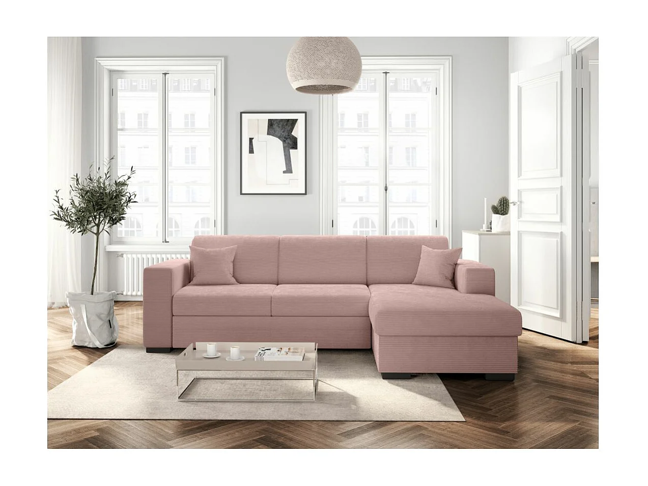 Canapé d'angle droit 4 places Fuji XL convertible avec coffre en velours côtelé - Vieux rose - L262 x P157 x H83cm - Loungitude