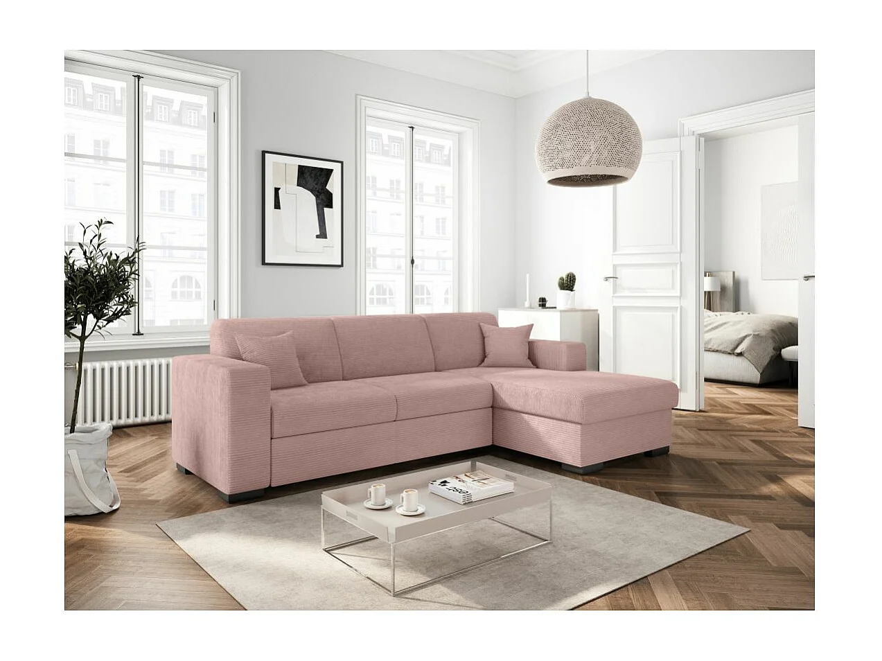 Canapé d'angle droit 4 places Fuji XL convertible avec coffre en velours côtelé - Vieux rose - L262 x P157 x H83cm - Loungitude