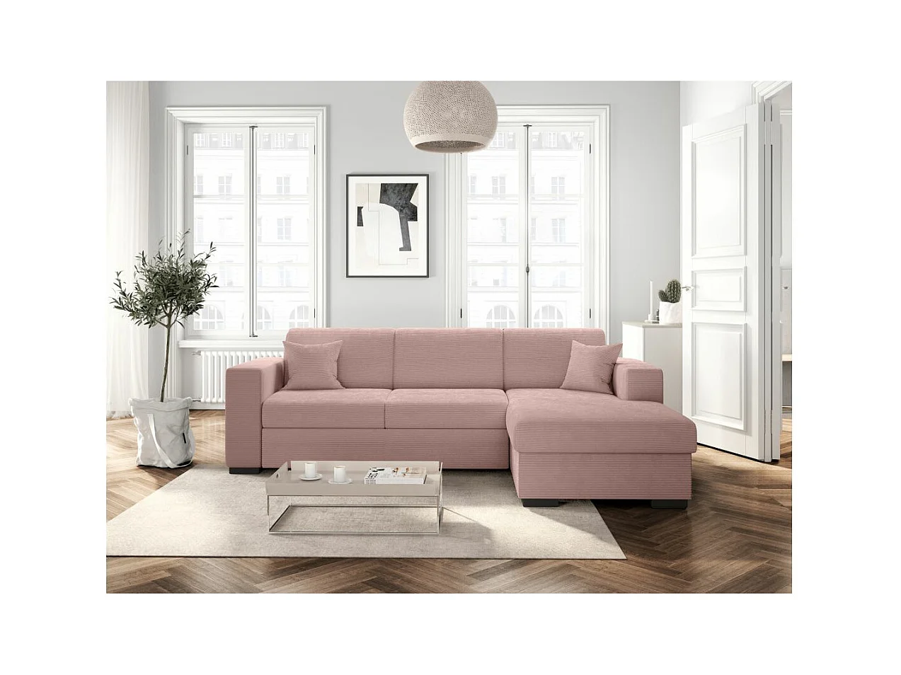 Canapé d'angle droit 4 places Fuji XL convertible avec coffre en velours côtelé - Vieux rose - L262 x P157 x H83cm - Loungitude